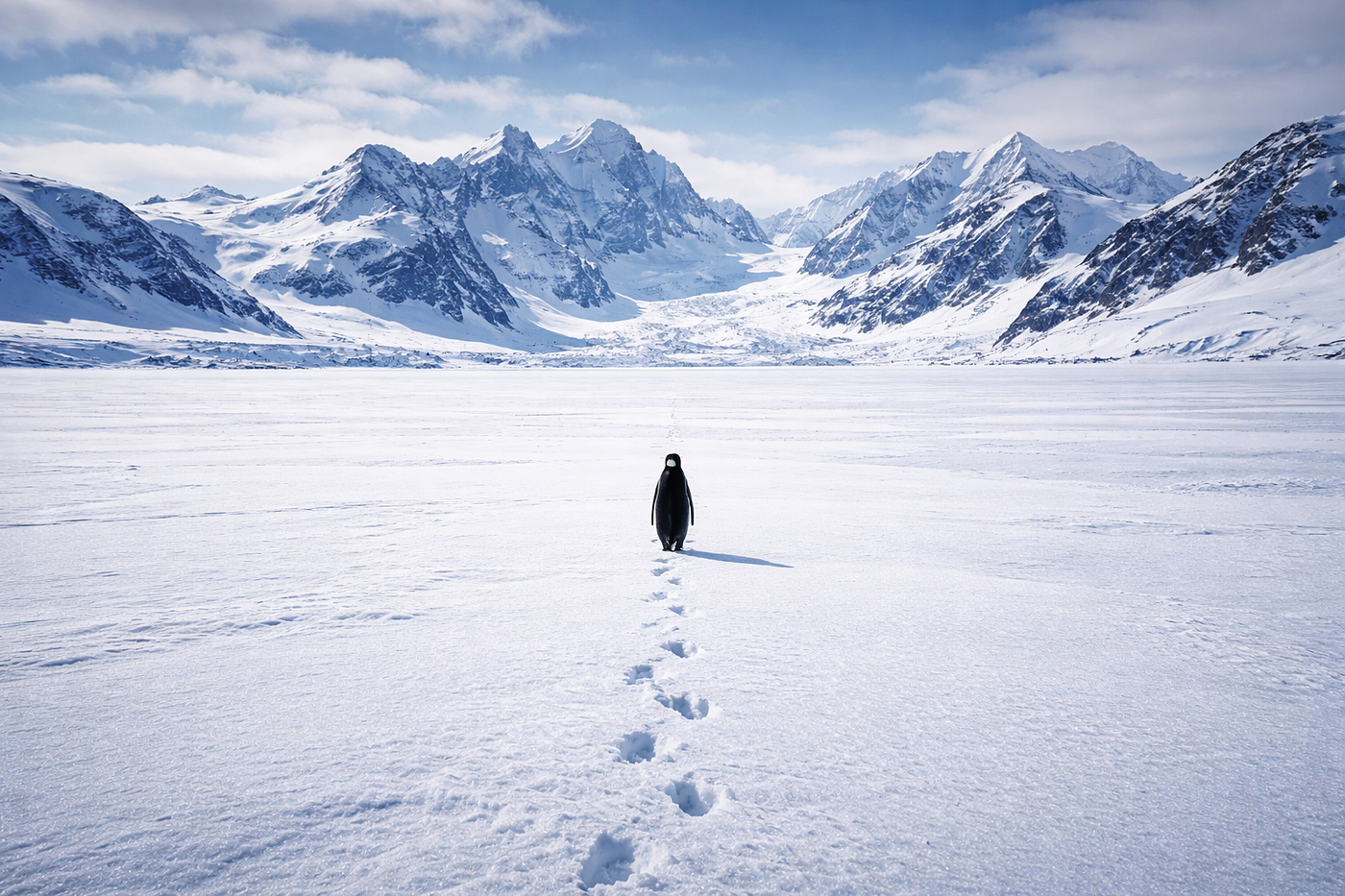 The Nihilist Penguin walking alone across Antarctic ice